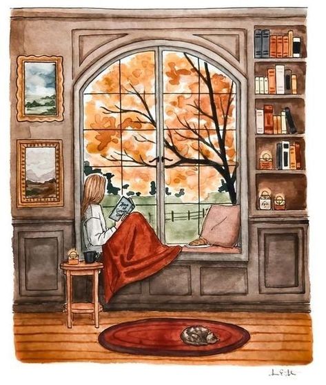 طابع بريدي, Autumn Illustration, Reading Art, Art And Illustration, Dreamy Art, Autumn Cozy, Autumn Art, Autumn Inspiration, The Window