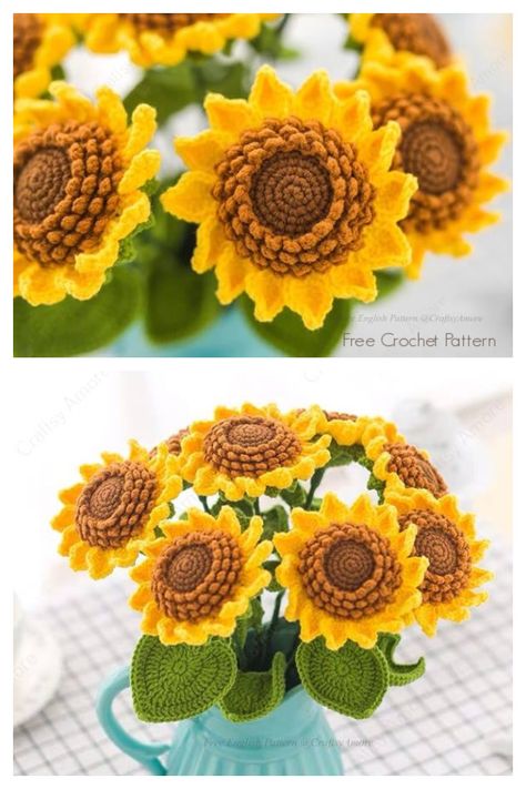 Corak Krusye, Tote Crochet, Beau Crochet, Crochet Flowers Easy, Sunflower Bouquet, Crochet Flowers Free Pattern, Confection Au Crochet, Crochet Plant, Sunflower Bouquets