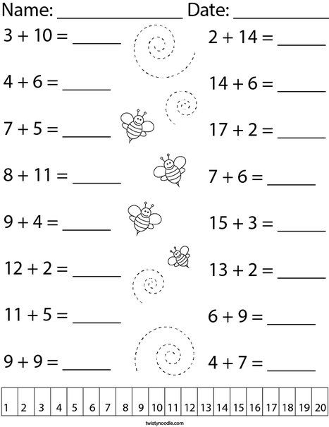 Adding within 20 Math Worksheet - Twisty Noodle Adding Worksheets First Grade, Adding And Subtracting Within 20, Adding To 20 Worksheets, Adding Worksheets, Easy Math Worksheets, Math Fact Worksheets, Worksheets For Class 1, Math Addition Worksheets, First Grade Math Worksheets