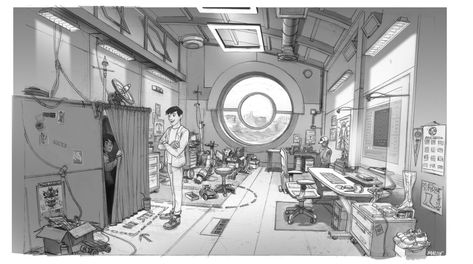 Early designs of Tadashi’s lab inside San Fransokyo Tech. Jim Martin, San Fransokyo, Spaceship Interior, Disney Concept Art, Background Drawing, Walt Disney Animation Studios, Disney Addict, Interior Concept, Hero 6