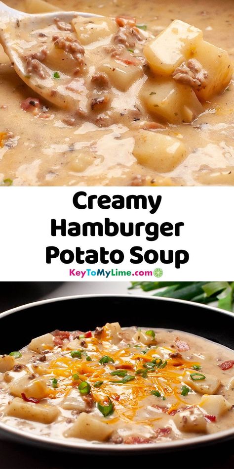 Two pictures of creamy hamburger potato soup, with title text in between the two photos. Creamy Hamburger Potato Soup, Potato Soup With Bacon, Hamburger Potato Soup, Hamburger And Potatoes, Soup With Bacon, Potato Bacon Soup, Soup With Ground Beef, Hamburger Soup, Bacon Soup