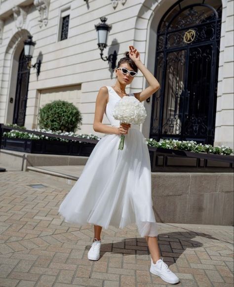 Wedding Dress With Vans, Midi Bridal Dress, Dress With Converse, White Bridal Shoes, Courthouse Wedding Dress, Dresses With Vans, Wedding Dress Guide, Wedding Photos Poses, Courthouse Wedding