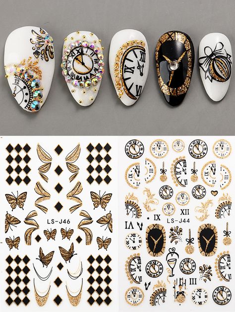 Multicolor  Collar  Plastic Animal,Geometric Pattern Stickers Embellished   Nail,Hand & Foot Care Butterfly Clock, Pattern Nail Art, Animal Geometric, Gold Glitter Christmas, Nail Art Stickers Decals, Animal Nails, Nail Art Sticker, Nail Patterns, Decoration Stickers