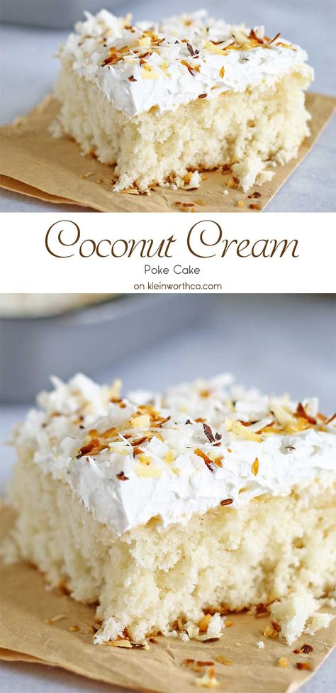 This Coconut Cream Cake is a coconut lovers dream. It’s easy to make & packed full of delicious coconut flavor! Light & fluffy coconut cake topped with creamy whipped cream & homemade toasted coconut makes this Coconut Cream Cake enjoyable from first bite to last. on kleinworthco.com Coconut Cream Poke Cake, Whipped Cream Homemade, Cream Poke Cake, Rice Coconut, Coconut Cream Cake, Cream Icing, Fluffy Rice, Rice Food, Coconut Cake Recipe