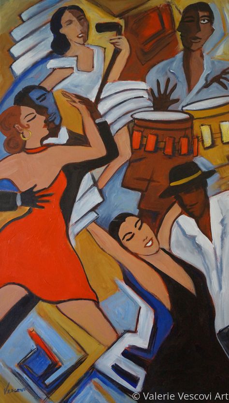 "The Nightclub" (Original art by https://valvescoviart.com) Latin American Art Painting, Two People Dancing Painting, Jazz Club Painting, Afro Latino Art, People Dancing Painting, Dance In Kitchen, Brazilian Dancing, Afro Brazil, Club Painting