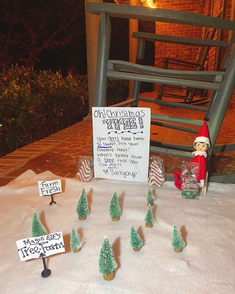 #elfontheshelf #elfontheshelfideas Elf Tree Farm, Elf On The Shelf Tree Farm, Elf Tree, Elf Antics, Thanksgiving Meal, Tree Farm, Tree Farms, Elf On The Shelf Ideas, Shelf Ideas