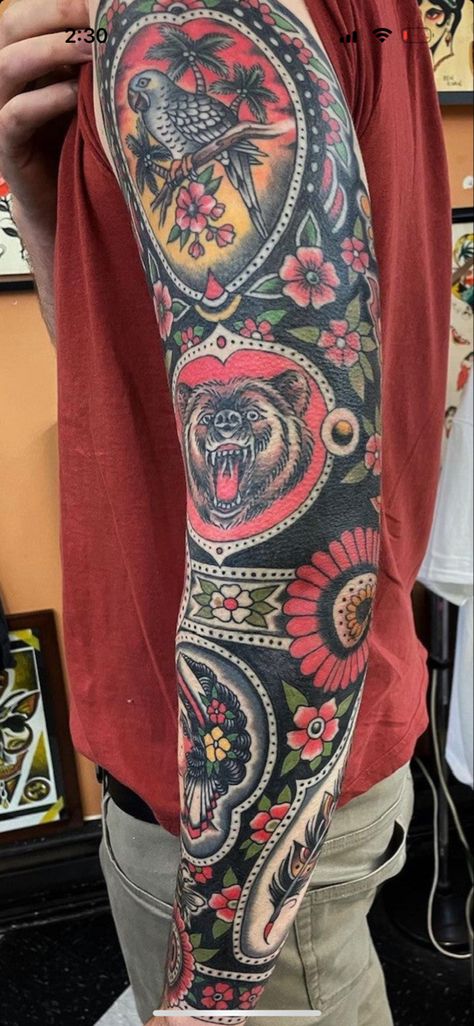 American Traditional Geometric Tattoo, Traditional Tattoos Inner Arm, American Traditional Framed Sleeve, American Traditional Tattoos Large, Framed Sleeve Tattoo, Traditional Blast Over Tattoo, Framed Tattoo Sleeve, Framed Traditional Tattoo Sleeve, American Traditional Frame Tattoo