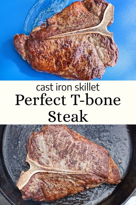 A perfectly seared T-bone steak cooked in a cast iron skillet, showcasing a golden-brown crust and charred edges. The steak is displayed on a blue background and inside the skillet Tender T Bone Steak Recipe, Steak Recipes Pan Seared, Dry Brine, Best Pans, T Bone Steak, Against The Grain, Beef Tips, Steak Recipe, T Bone