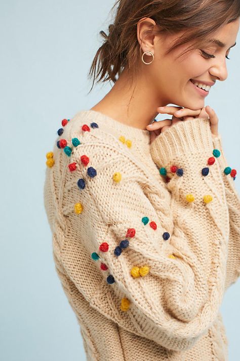 Pom-Pom Sweater.  Soooo cute!!! Sukienki Maksi, Pom Pom Sweater, Fall Sweaters, Looks Style, Ladies Tops Fashion, Pom Poms, Womens Fashion Casual, Skirt Fashion, Fashion Lifestyle