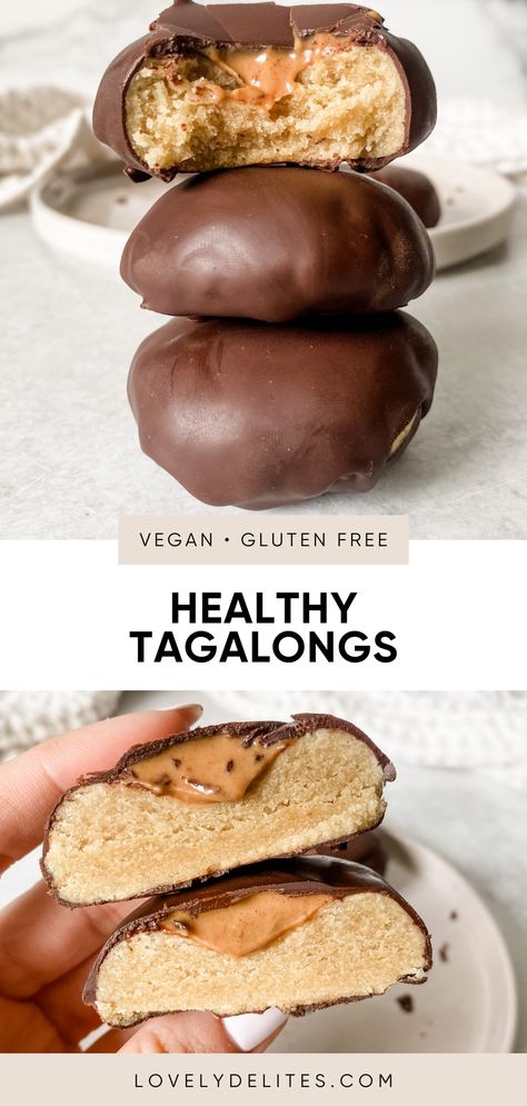 These vegan gluten free tagalongs are a favorite of mine. This girl scout cookie recipe is made with healthy ingredients like almond flour, natural peanut butter and no sugar added dark chocolate. Enjoy these homemade tagalongs all year long! Ella Vegan, Dessert Original, Vegan Baking Recipes, Vegan And Gluten Free, Healthy Sweets Recipes, Natural Peanut Butter, Vegan Dessert Recipes, Paleo Dessert, No Sugar