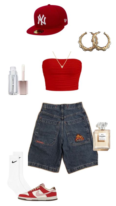 Jorts, red tube top, red jordan dunks, gold hoops, gold necklace, red ny hat. Bruno Mars Outfit Style, Outfits With Red Dunks, Red Concert Outfit Ideas, Bruno Mars Inspired Outfit Women, Bruno Mars Outfit Ideas, Bruno Mars Concert Outfit Ideas, Red Tube Top Outfit, Tube Top And Sweatpants, Bruno Mars Concert Outfit