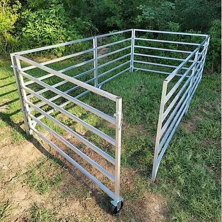 Rite Farm Products 10-foot 5/8 inch long by 5-foot 3 1/4 inch wide 6-rail stall kit. Includes 5 of our 5-foot-long aluminum panels and one aluminum 58-inch-long Texas made gate. Stall is 40 inches tall overall. Features heavy duty 1-inch square welded aluminum tubing. Designed to be added onto with our add-on kits and shade canopy kits so this system can grow as your flock or herd does. Our panel clamp system makes it safe and easy to reconfigure and change or add panels, gates, or shade canopie Mobile Petting Zoo, Horse Trailer Organization, Animal Rehabilitation, Stall Flooring, Sheep Pen, Livestock Barn, Double Dog Crate, Trailer Organization, Farm Products