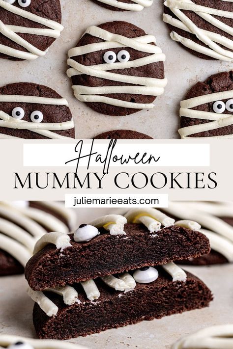 Cute and spooky Halloween Mummy Cookies that are fun and delicious to make for the Halloween season! These fudgy chocolate cookies are decorated with a vanilla buttercream and candy eyes to make them into spooky mummy cookies. Mummy Oreo Cookies, Halloween Food Cookies, Monster Halloween Cookies, Mummy Cookies Decorated, Kids Halloween Cookies, Halloween Cookies Easy, Cookies Receita, Chocolate Halloween Cookies, Halloween Mummy Cookies