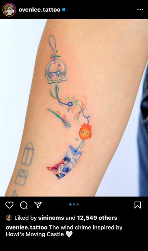 Wind Chime Tattoo, Howl's Moving Castle Tattoo, Tatuaje Studio Ghibli, Castle Tattoo, Ghibli Tattoo, Sick Tattoo, Clever Tattoos, Petite Tattoos, Cute Tiny Tattoos