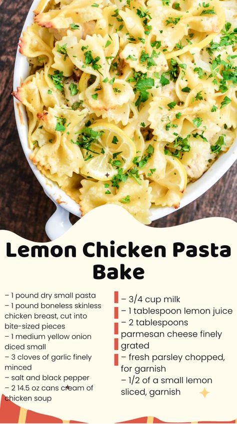 Lemon chicken pasta bake is the perfect weeknight meal! Lemon Chicken Pasta Casserole, Lemon Pasta Bake, Chicken Pasta Casserole, Pasta Casserole Recipes, Lemon Chicken Pasta, Clean Meal Prep, Chicken Pasta Bake, Lemon Pasta, Pasta Casserole