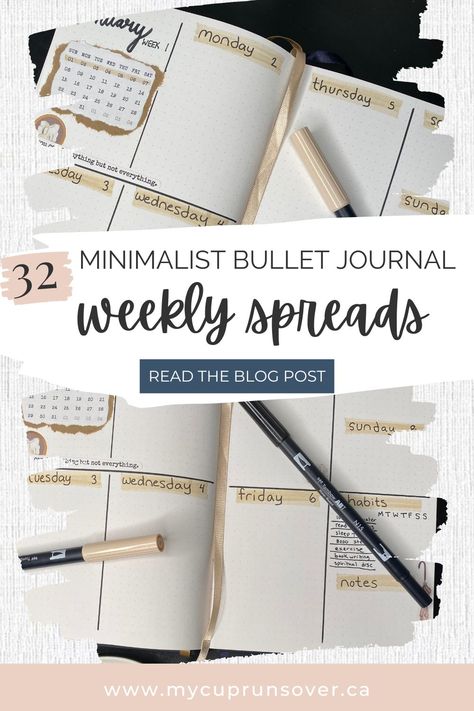 Are you looking for weekly spread ideas that are minimalistic yet inspiring? We’ve compiled a list of 32 minimalist weekly spread ideas to help you explore the wonderful world of bullet journaling. rnrnFrom classic color schemes and simple illustrations to modern design techniques and geometric patterns, there’s something here for everyone. With just a few basic supplies and some creativity, these minimalist spreads will have your bullet journal pages looking amazing all year long. Weekly Spreads Bullet Journal, Simple Weekly Bullet Journal Layout, Bullet Journal Weekly Spread Minimalist, Yearly Bullet Journal Spreads, Minimalist Weekly Spread, Simple Bullet Journal Ideas, Minimalist Bullet Journal Ideas, Weekly Bullet Journal Layout, Weekly Spread Bullet Journal