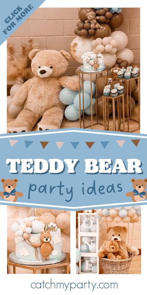 Check out this cute teddy bear-themed birthday party! The party food is so sweet! See more party ideas and share yours at CatchMyParty.com Teddy Bear Birthday Theme, Boy Baby Shower Cakes, Teddy Bear Birthday Party, Baby Shower Oso, Baby Shower Teddy Bear, Baby Shower Party Planning, Baby Shower Food Ideas, Baby Boy Shower Party, Shower Food Ideas