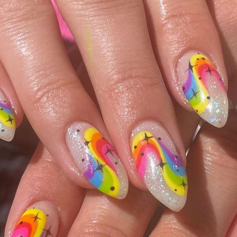 Pride Nails Inspiration, Rainbow Manicure Ideas, Easy Rainbow Nails, Disney Pride Nails, Gummy Worm Nails, Pride Nail Art Designs, Pride Nails Almond, Pride Inspired Nails, Pride Pedicure