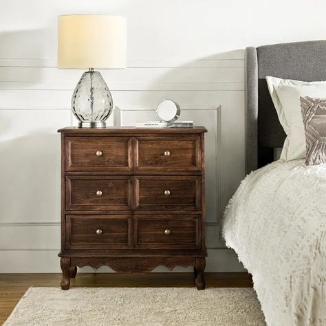 Alcott Hill® Carielle Traditional Solid Wood Accent Chest with charging station | Wayfair Nightstand Chest, Gray Cottage, Nightstand With Charging Station, Accent Chests And Cabinets, 3 Drawer Nightstand, Accent Chest, Cottage Bedroom, Wood Accent, Accent Doors