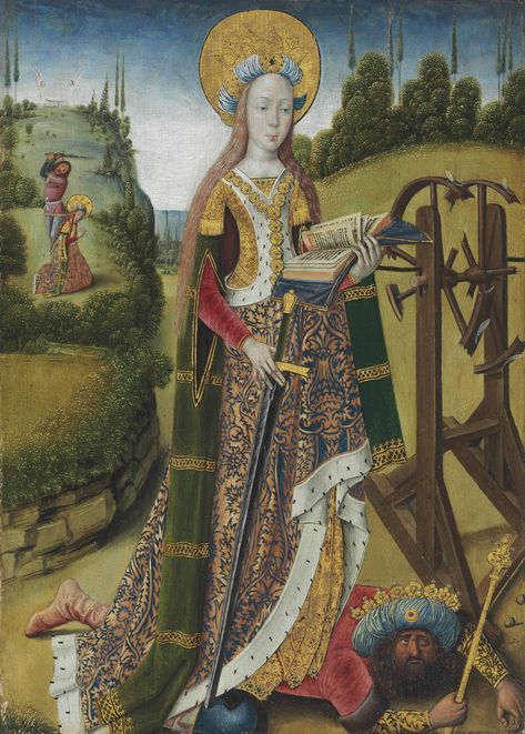 Netherlandish School, fourth quarter of the 15th Century | Saint Catherine of Alexandria | oil, Netherlands | Christie's Middle Ages Art, St Catherine Of Alexandria, Saint Katherine, Saint Catherine Of Alexandria, Kneeling In Prayer, Catherine Of Alexandria, Saint Catherine, Medieval Woman, Baroque Art