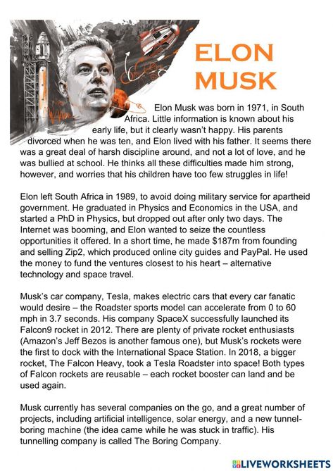 Elin Musk, English Text Reading, English Articles For Reading, Learn To Read English, Reading Comprehension Texts, Esl Reading, Study English Language, English Learning Books, English Articles