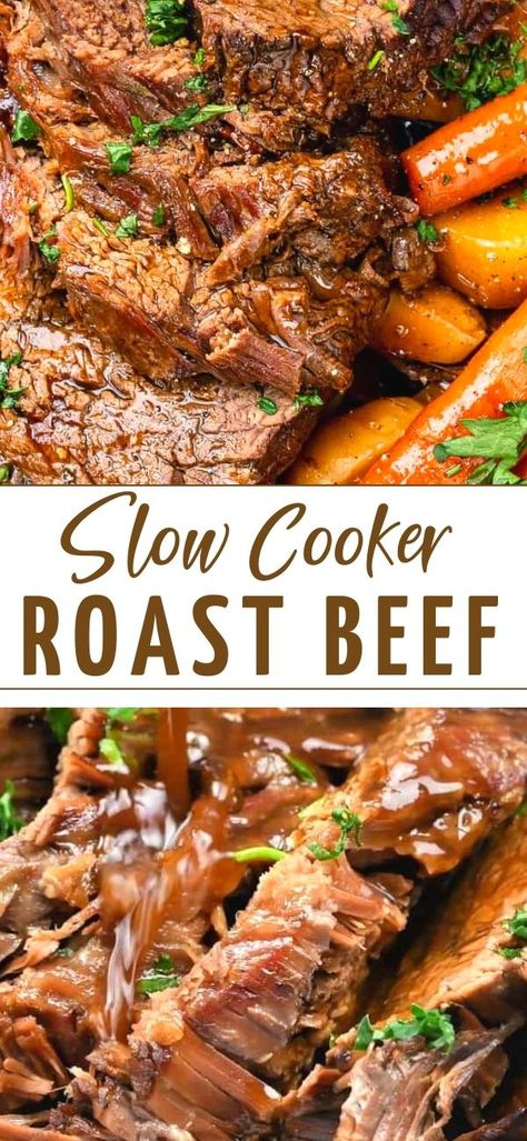 This Slow Cooker Roast Beef will be become your favourite Sunday Roast – incredibly tender slow cooked beef in a rich gravy. 10/10 for flavour and almost zero effort! Roast Beef Crock Pot Recipes, Slow Cooker Pot Roast Recipes, Slow Cooker Roast Beef, Cooking Roast Beef, Beef Round, Slow Cooker Recipes Beef, Slow Cooker Roast, Pot Roast Slow Cooker, Roast Beef Recipes