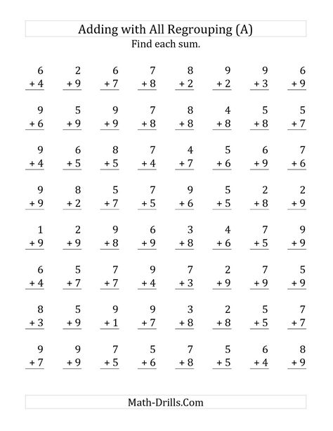 The 64 Single-Digit Addition Questions All with Regrouping (A) math worksheet from the Addition Worksheet page at Math-Drills.com. Cherry Sheets, Addition Worksheets First Grade, Subtraction Facts Worksheet, Adding Worksheets, Kindergarten Math Worksheets Addition, Math Fact Worksheets, Addition Worksheet, Easy Math, Kindergarten Math Worksheets Free