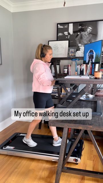 stacy | new england on Instagram: "A look into my office, I love my walking desk set up so much! Helps me to get my steps in during busy meeting days! I’ve shared all my favorites in my bio #walkingpad #walkingdesk #standingdesk #officesetup #officedecor #officedesign #workfromhomelife #workfromhomelifestyle #lululemon #lululemonaddict #treadmilldesk #treadmillworkout #workoutwithme #officedesign #officesetup" Office With Walking Pad, Walking Pad Desk Aesthetic, Treadmill Desk Home Office, Walking Desk Set Up, Walking Pad Desk Setup, Walking Pad Desk, Walking Desk, Treadmill Desk, Walking Pad