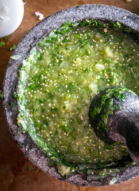 Salsa Verde Molcajete Style | Mexican Please Mocajete Recipe, Molcajete Recipe, Authentic Salsa Verde Recipe, Authentic Mexican Salsa Recipe, Authentic Salsa, Authentic Mexican Salsa, Tomatillo Salsa Recipe, Homemade Salsa Verde, Mexican Salsa Recipes