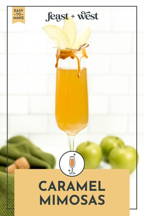 Made with apple cider and caramel vodka, Caramel Apple Mimosas are perfect for brunch in the fall or Thanksgiving dinner. Apple Mimosa Recipe, Vodka Caramel, Apple Mimosa, Fall Caramel Apples, Salted Caramel Vodka, Pomegranate Mimosa, Sparkling Cocktails, Bourbon Caramel Sauce, Apple Cider Mimosa