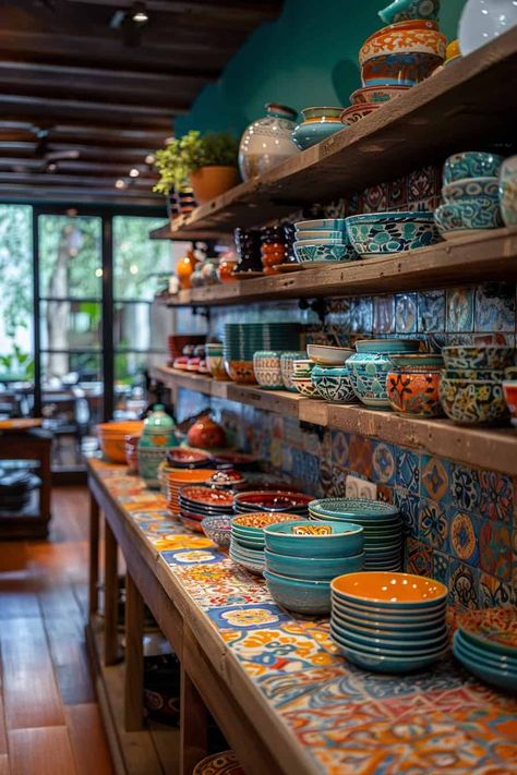 Rustic Spanish Kitchen, Mexican Kitchen Decor Ideas, Kitchen Ideas Green, Mediterranean Kitchen Tiles, Rustic Boho Kitchen, Spanish Mediterranean Kitchen, Ocean Basket, Mediterranean Kitchen Ideas, Spanish Kitchen Design