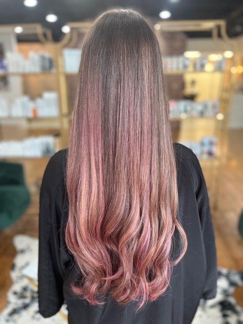 brown hair with pink balayaged through Brown Pink Hair, Toner For Brown Hair, Brown And Pink Hair, The Salon, About Hair, Pink Hair, Natural Color, Brown Hair, My Hair