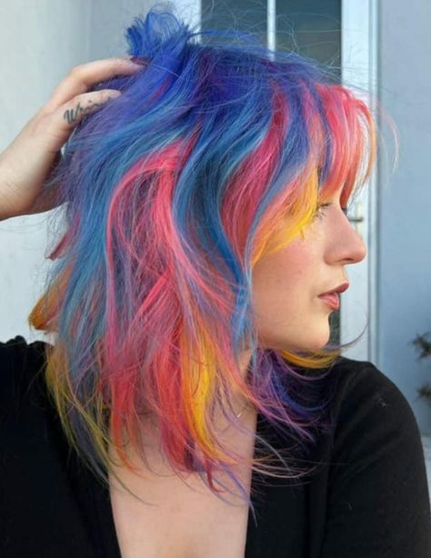 Fun Hair Inspiration, Rainbow Color Melt Hair, Fun Vivid Hair Colors, Fun Hair Color For Short Hair, Cool Tone Vivid Hair Color, Cool Colored Hair Ideas, Bright Hair Colors Short Shoulder Length, Primary Color Hair, Short Hair Vivid Color