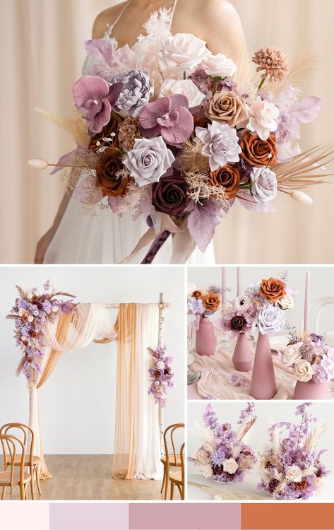 Lilac And Burnt Orange Wedding, Lavender And Burnt Orange Wedding, Rust And Lavender Wedding, Burnt Orange Weddings Decorations, Sepia Wedding, Orange Purple Wedding, Purple White Wedding, Wedding Business Ideas, Orange Wedding Themes