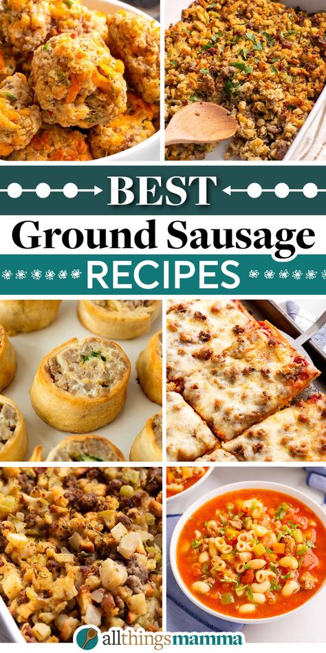 Ground Sausage Recipes collage image pin. Ground Sausage Egg Noodles, Browned Sausage Recipes, Dinner Recipes For Two Sausage, Maple Ground Sausage Recipes, Recipes Using Ground Sausage Dinners, Ground Sweet Sausage Recipes Dinners, Mild Sausage Crockpot Recipes, Easy Beef Sausage Recipes, Meals To Make With Ground Sausage