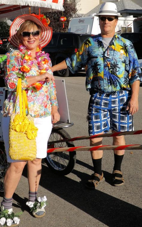 Tacky Tourist on parade day Tourist Day Outfits, Tourist Dress Up Day, Tacky Tourist Outfit, Tacky Tourist Day, Tacky Tourist Costume, Bad Taste Outfit, Tacky Sweater Christmas Party, Wacky Tacky Day, Bad Taste Party