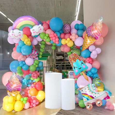 PRICES MAY VARY. 【Candy Ice cream Theme Pastel Balloon Arch Kit】We used balloons of various colors and sizes, including blue, green, pink, purple, and yellow, plus rainbow smileys, ice cream, popsicles, lollipops, roller skates, foil balloon kits is the perfect addition to any candyland party, ice cream birthday party, or pastel rainbow party decorations. 【Kozee Reliable Color 】 We insist on 100% real photography by using Color Correction Card，Providing True Color of every single balloons,what y Cream Balloon Arch, Candy Party Decorations, Sprinkle Birthday Party, Sprinkle Birthday, Ice Cream Balloons, Theme Pastel, Sprinkles Birthday Party, Ice Cream Party Theme, Candy Theme Birthday Party