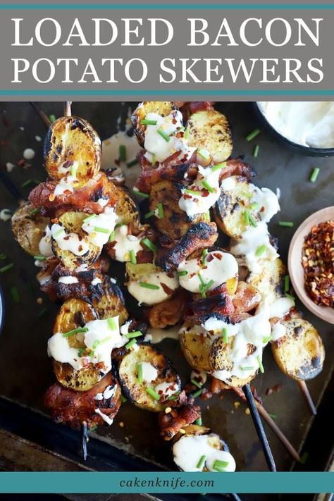 Loaded Bacon Potato Skewers are the ultimate grilled side dish this summer. Everyone loves a good baked potato, and this is a whole new take on it! Golden potatoes are grilled with Wright® Brand Hickory Bacon, then drizzled with a savory roasted garlic aioli, sour cream, and chives. It’s a perfect pairing for dad’s favorite steak! | cakenknife.com #sponsored #fathersday #grilling #bakedpotato #skewers Potato Skewers, Potato Kabobs, Grilled Side, Summer Dinner Recipes Grill, Golden Potatoes, Roasted Garlic Aioli, Bbq Dishes, Bacon Potato, Grilling Sides