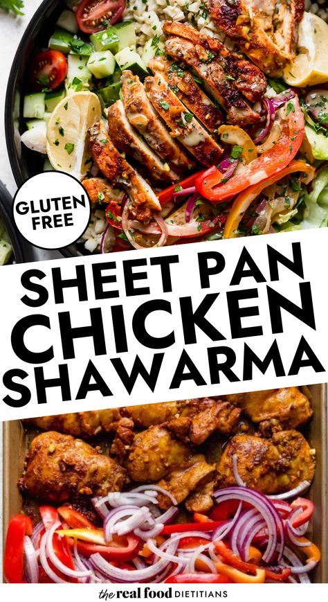 When you want all the cozy, warm flavors of Middle Eastern food with one-pan convenience, try these Sheet Pan Chicken Shawarma Bowls with a creamy cilantro-lime sauce. They’re made using just one pan so clean up is easy – and they’re packed with veggies like colorful bell peppers, riced cauliflower, crunchy cucumbers, and sweet grape tomatoes. 1 Sheet Pan Meals Chicken, Mediterranean Diet Sheet Pan Dinners, Meal Prep Sheet Pan Meals, Whole Meals Clean Eating, Sheet Pan Dinners Whole 30, Indian Sheet Pan Dinner, Chicken Sheet Pan Meals, Mediterranean Sheet Pan Recipes, Keto Sheet Pan Dinners