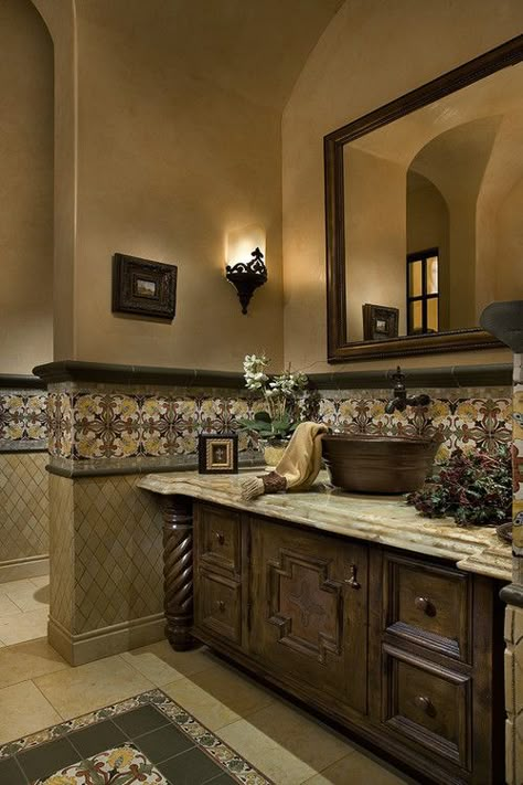 Old World Tuscan Design, Rustic Powder Room, Rustic Italian Home, Tuscan Bathroom, Tuscan Design, Tuscan Kitchen, Powder Room Design, Mediterranean Home Decor, Tuscan House