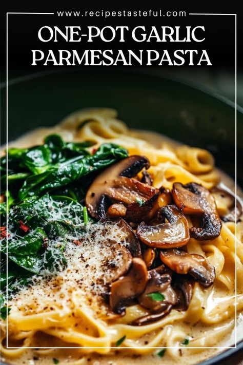 This creamy, cheesy one-pot pasta is packed with garlic, Parmesan, tender mushrooms, and fresh spinach. It’s the perfect quick and comforting meal! Perfect for weeknights when you're craving something delicious yet simple to prepare.