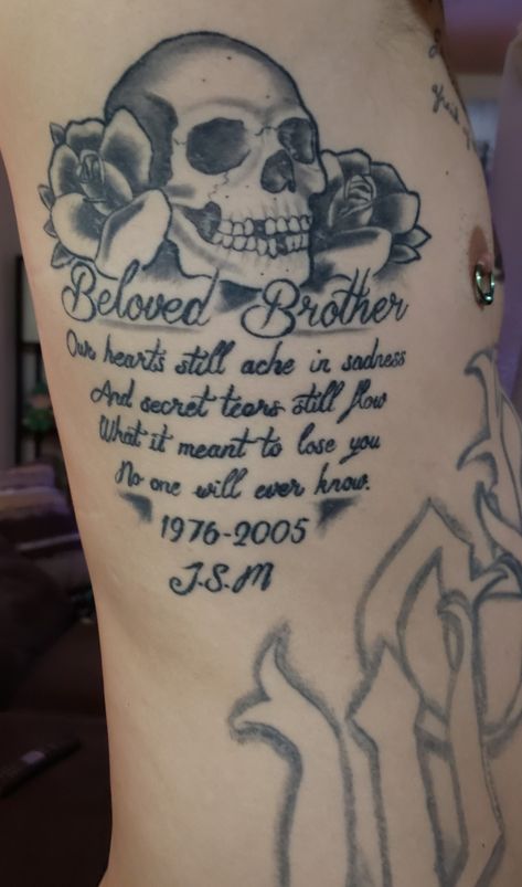 Memorial tattoo for my brother but without the skull, maybe the marine symbol instead Tattoo Ideas Rip Brother, In Memory Of My Brother Tattoo, In Memory Brother Tattoo, Remembrance Tattoo Ideas Brother, Tattoos For My Brother In Heaven, Losing A Brother Tattoo, Memorial Tattoo Ideas For Brother, Memorial Tattoo Quotes Brother, Tribute Tattoos In Memory Of Brother