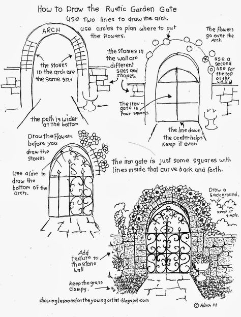 How to Draw The Rustic Garden Gate With A Stone Arch (How to Draw Worksheets for Young Artist) Stone Arch, Architectural Drawing, Garden Gate, Art Instructions, Urban Sketching, Drawing Lessons, Rustic Gardens, Drawing Tutorials, Young Artist