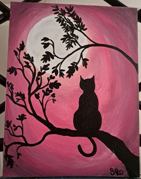 Cute Things To Draw On Canvas, Kitty Paintings Easy, Easy Cat Paintings For Beginners, Cat Easy Painting, Silohette Artwork Easy, Silouttes Art Painting, Sillhoute Painting, Painting Ideas On Canvas Cat, Easy Cat Painting Ideas On Canvas