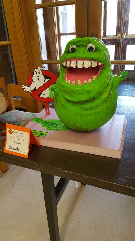 SLIMER pumpkin contest Pumpkin Art Contest, Ghost Busters Pumpkin Painting Ideas, Fish Bowl Pumpkin, Large Pumpkin Painting Ideas, Ghostbusters Pumpkin Painting, Slimer Pumpkin, Pumpkin Contest Ideas No Carve Winners, Beetlejuice Pumpkin Ideas, 4h Pumpkin Contest