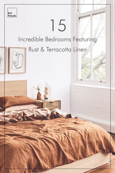 Terracotta Linen Bedding, Terracotta Boho Bedding, Terracotta Master Bed, Bedroom With Rust Bedding, Rust Linen Bedding, Terracotta Bedding Bedroom, Terracotta Comforter Bedroom, Terra Cotta Bedding Bedroom, Master Bedrooms Terracotta