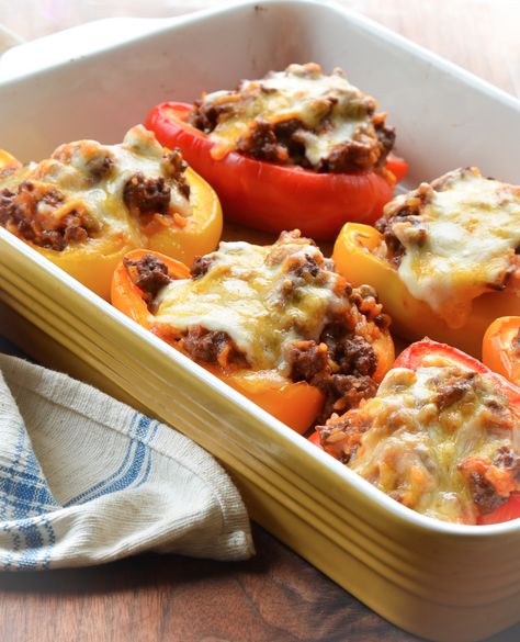 Stuffed Peppers - Once Upon a Chef Recipe Alfredo Sauce, Once Upon A Chef, Beef Rice, Diced Tomatoes, Alfredo Sauce, A Chef, Pizza Sauce, How To Make Cheese, Bell Peppers