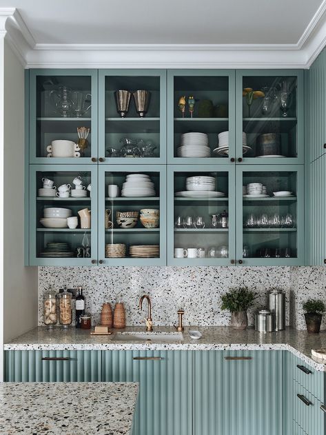 These Rippling Kitchen Cabinets Aren’t as Unattainable as They Appear Kitchen Cabinet Color Ideas, Kitchen Peninsula, London Kitchen, Kitchen Cabinet Doors, Kitchen Cabinet Colors, Bespoke Kitchens, Cabinet Colors, Green Kitchen, Favorite Kitchen