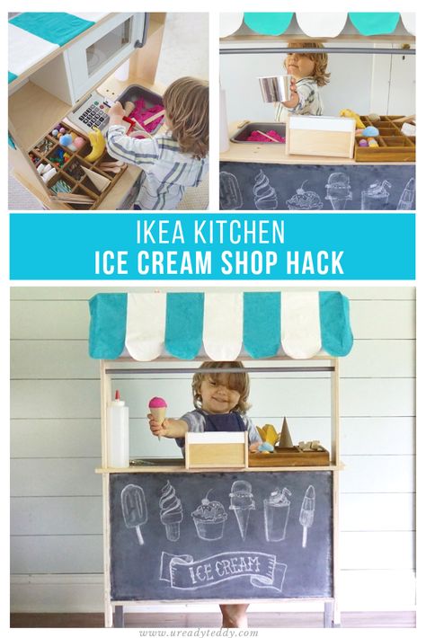 Cute Ikea Duktig Mini-Kitchen Hack Wooden Ice Cream Shop Makeover. Easy DIY Striped Awning + Chalk Board Sign Open-ended pretend dramatic play for toddlers, children, preschoolers, kids. Lemonade Stand, Hot Dog Stand, Bodega, Cafe, Coffee Shop, Flower Stand, Food Truck, Cash register, Sensory Play Ikea Kitchen Role Play, Ikea Duktig Ice Cream Shop, Ikea Kitchen Ice Cream Stand, Diy Kitchen Play Set Kids, Ikea Kids Kitchen Makeover, Ice Cream Stand Diy, Dramatic Play For Toddlers, Diy Ice Cream Shop, Diy Ice Cream Stand