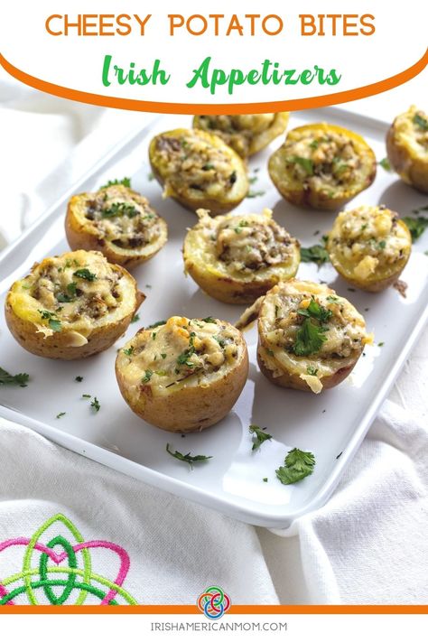 Cheesy Irish Potato Bites | Irish American Mom Cheesy Potato Bites, Irish Potato Bites, Irish Appetizers, Mushroom Potato, St Patricks Food, Tea Party Sandwiches, Irish Cooking, Potato Appetizers, Irish Potato